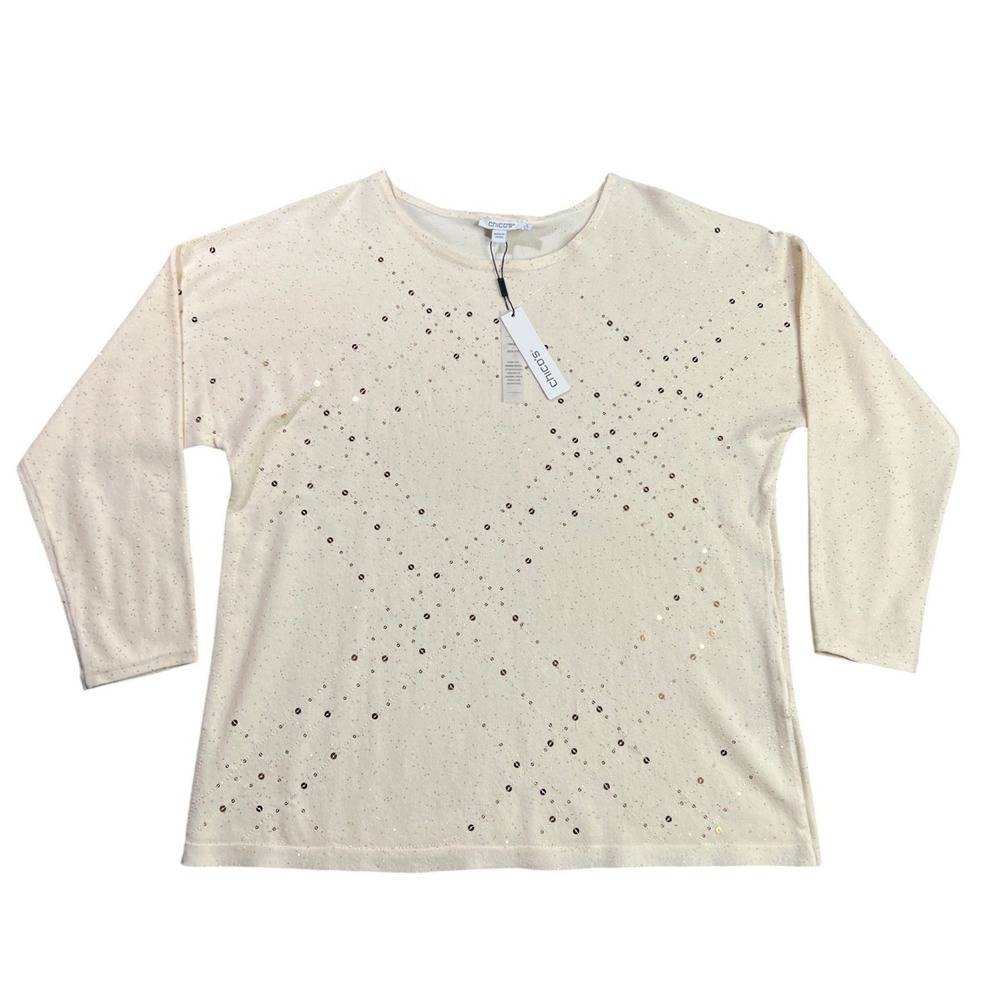 NWT Chicos Women's Large English Cream Scatter Sequin Yarn Pullover Sweater Chic